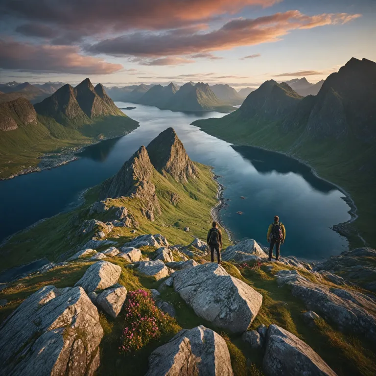 Hiking in the Lofoten Islands under the midnight sun and northern lights