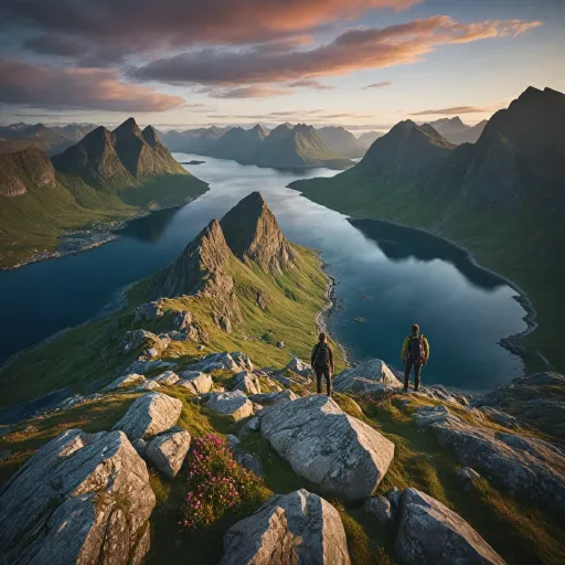 Hiking in the Lofoten Islands under the midnight sun and northern lights